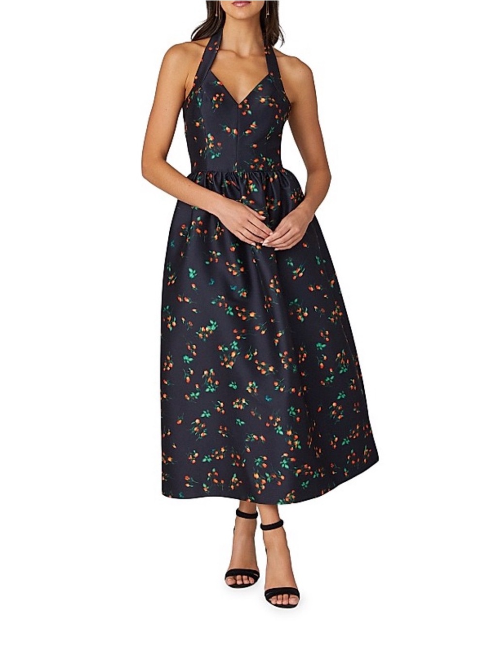 Shoshanna Black Halter Midi Dress with Orange and Green Floral Print